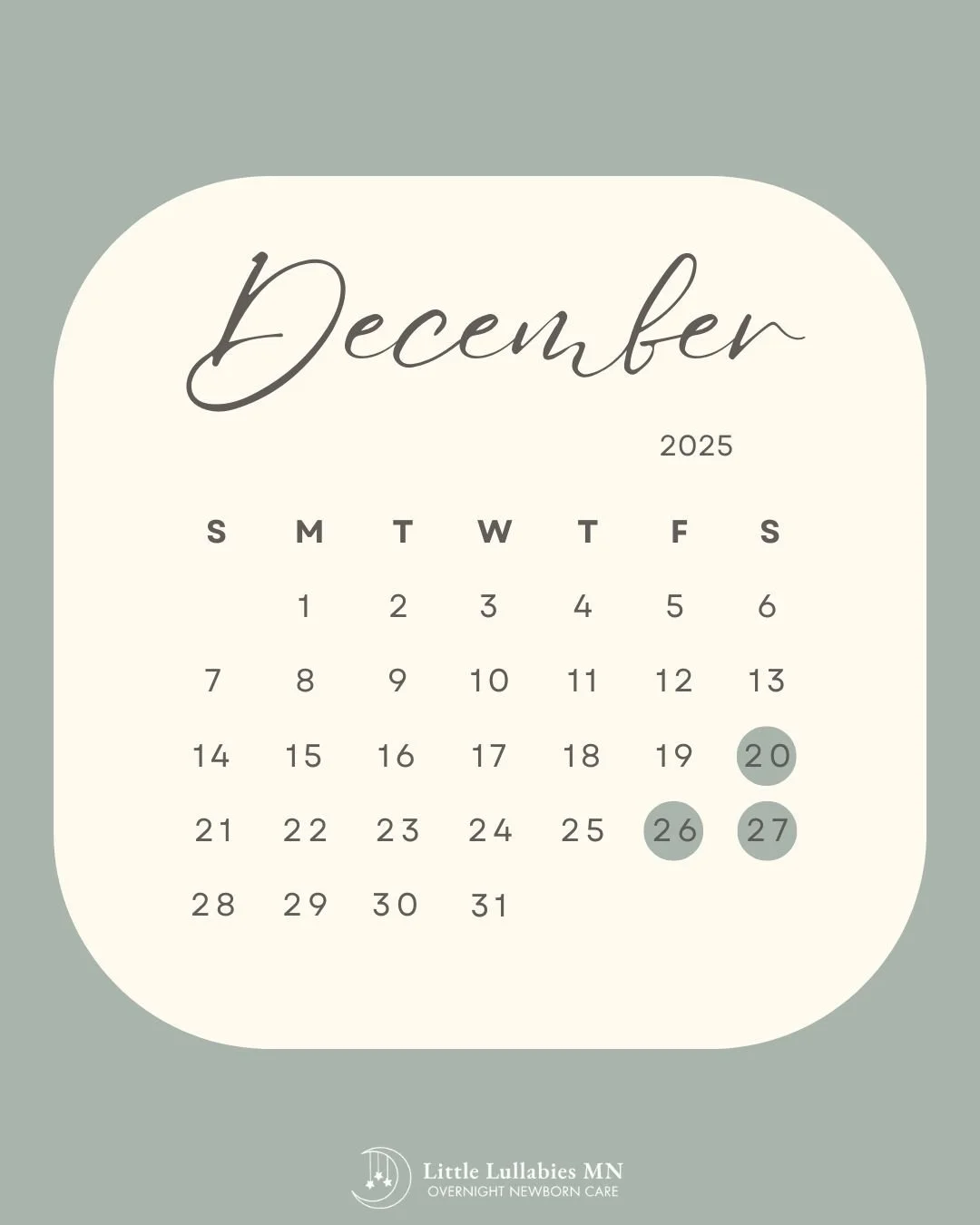 December 2025 - available dates are GREEN