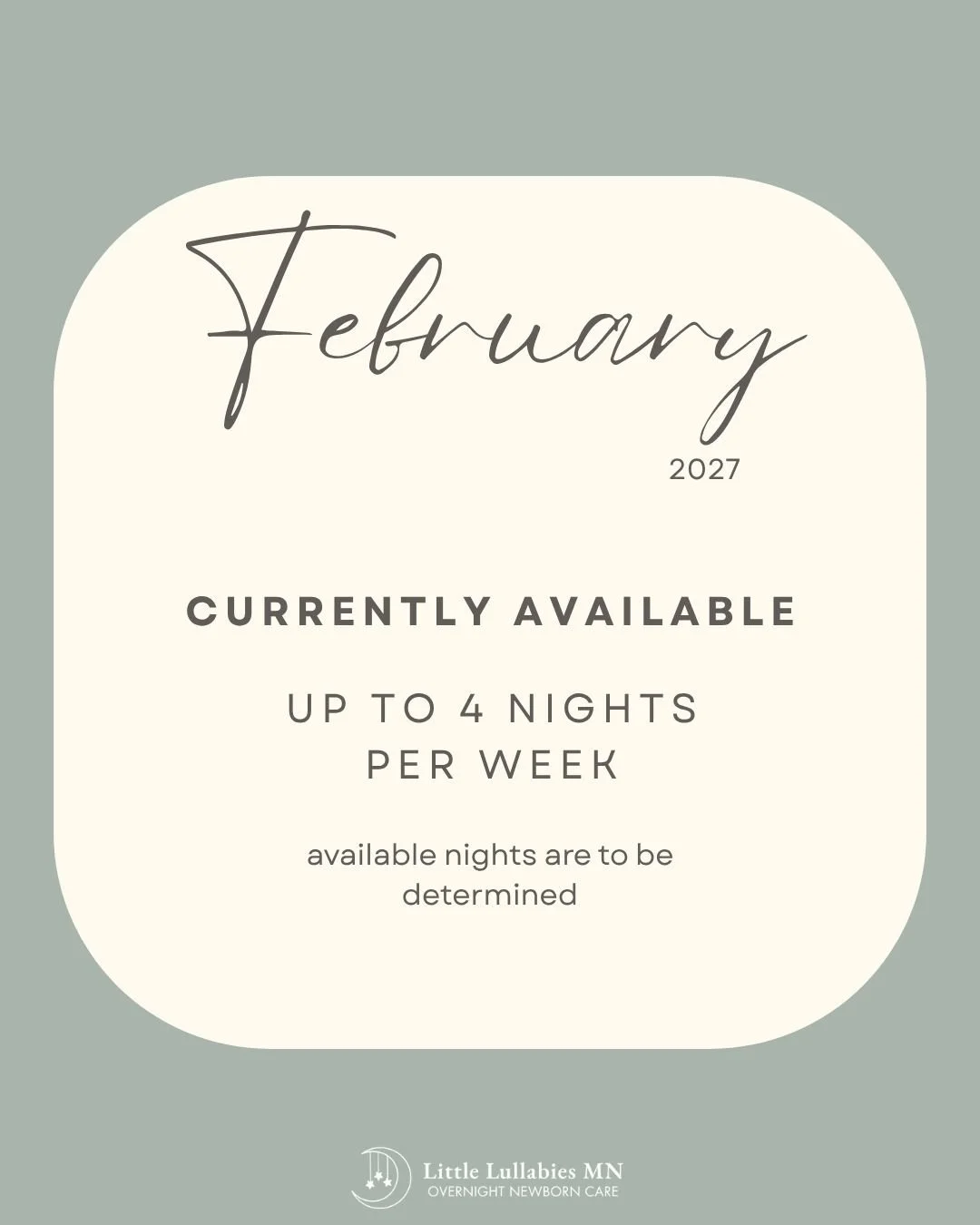 February 2027 - AVAILABLE up to 4 nights/week