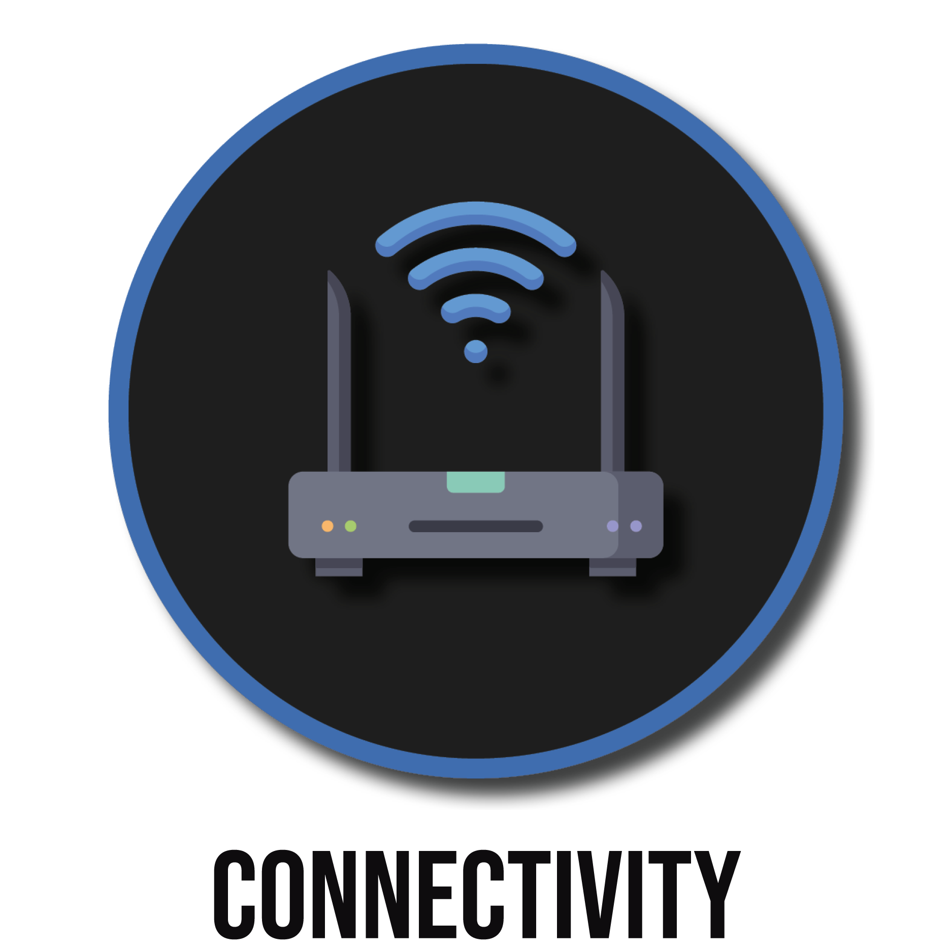 Icon of a Wi-Fi router with signal waves emanating from it, inside a circular border.