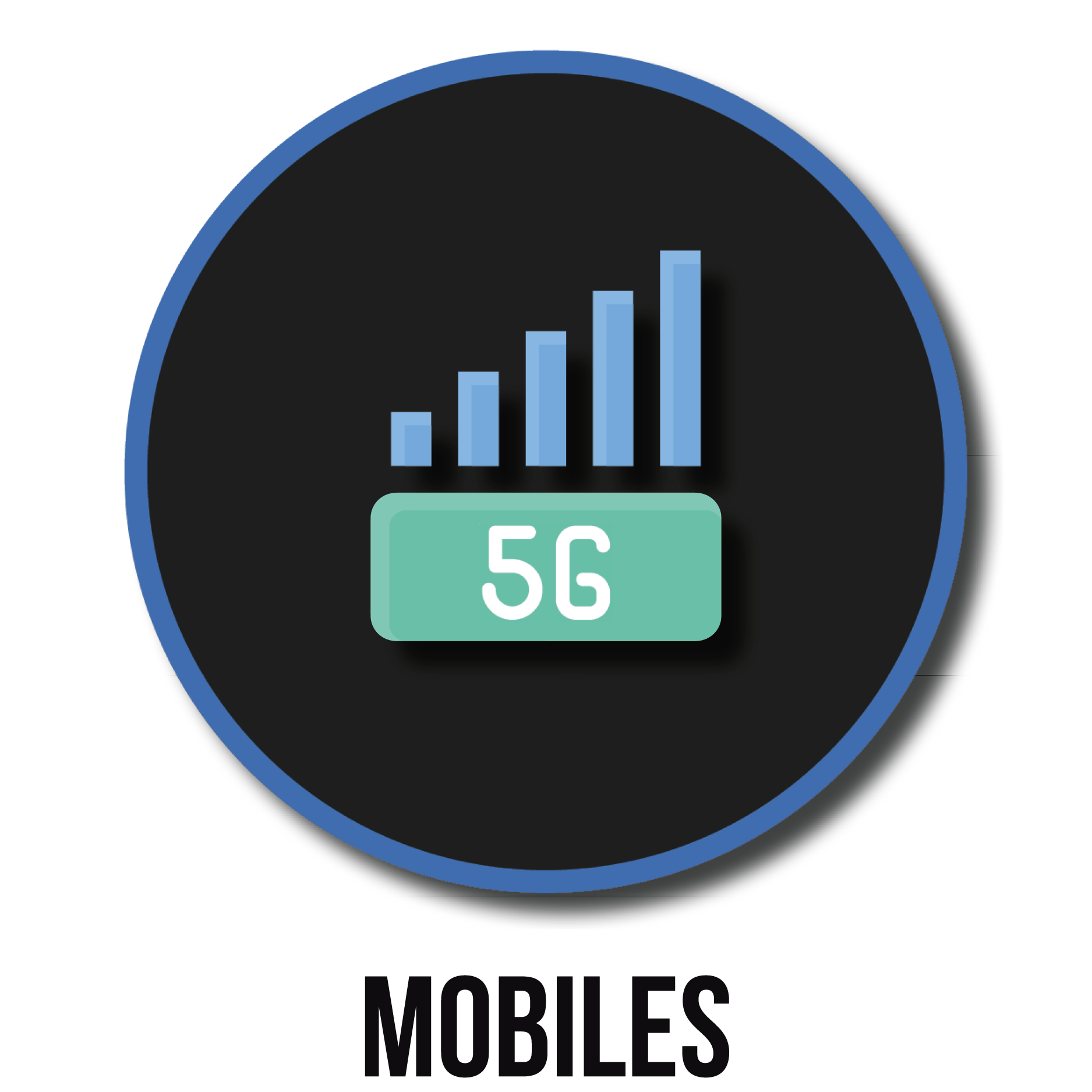 Icon representing 5G wireless network with a signal strength chart inside a blue circle.