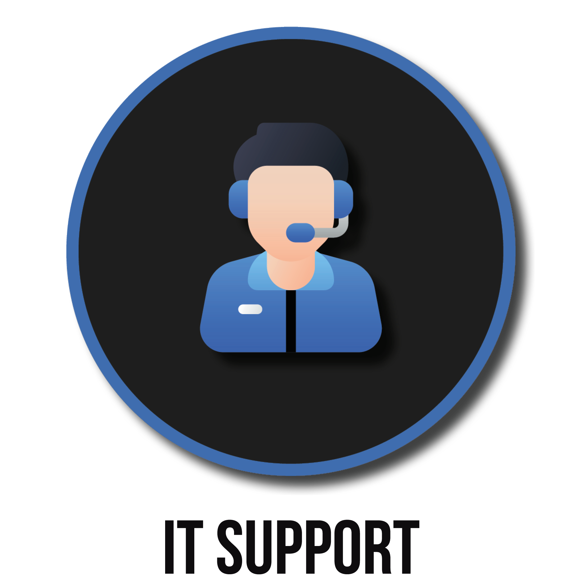 Icon of a customer support representative with headphones and microphone, wearing a blue jacket, on a black circular background with a blue border.
