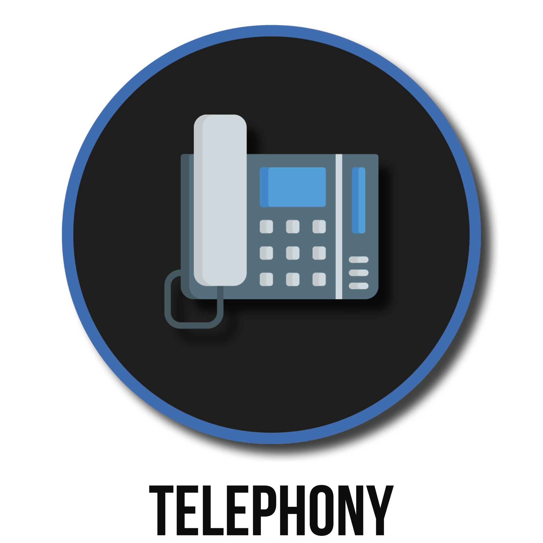 Icon of a landline telephone inside a black circle with a blue border.