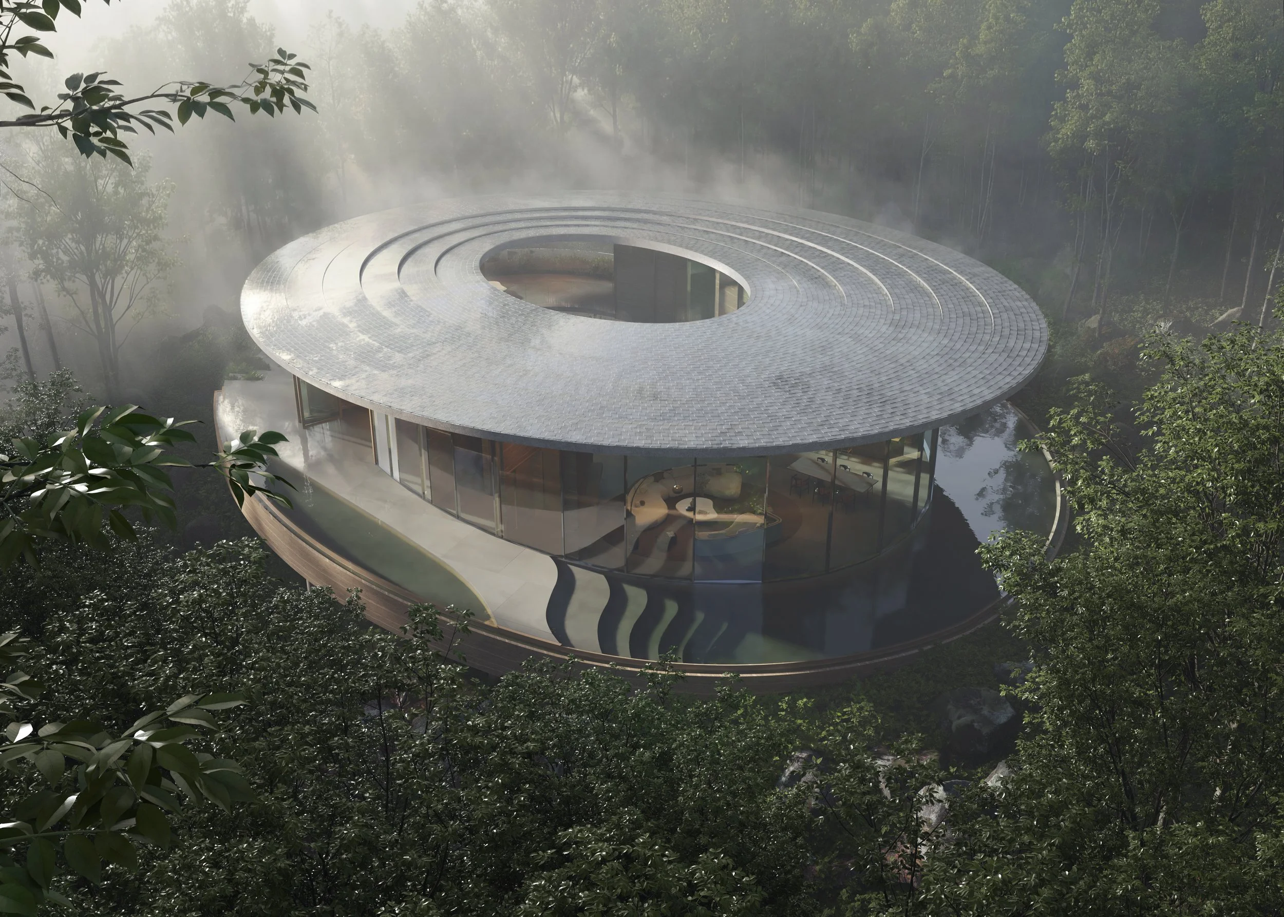 A modern, circular house with a flat, reflective rooftop surrounded by trees and fog, featuring large glass windows and a swimming pool around the perimeter.