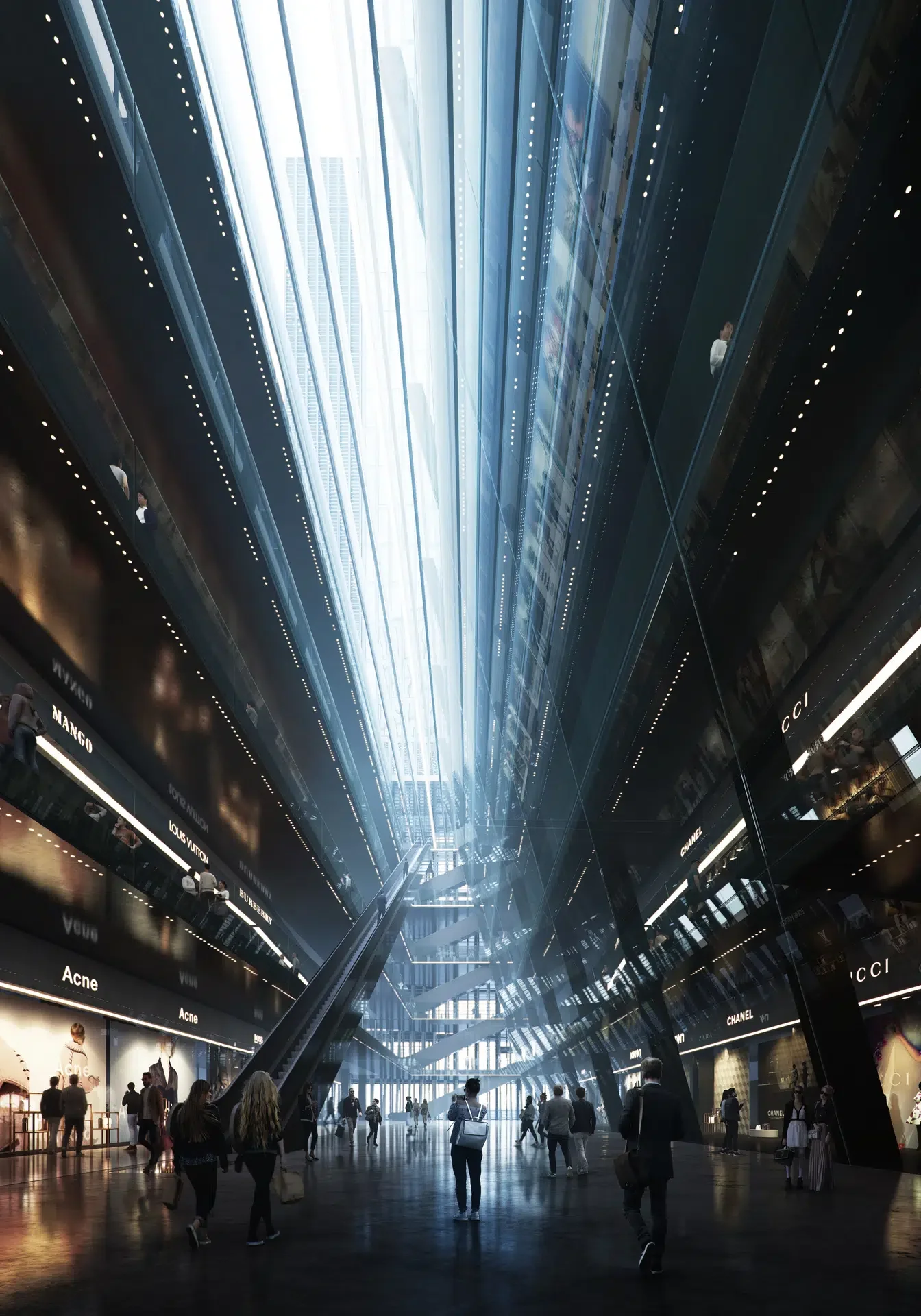 Interior of a modern, high-end shopping mall with luxury brand stores like Gucci, Chanel, Louis Vuitton, and Acne. The mall has multiple floors with escalators and layered walkways, and people are walking and shopping.