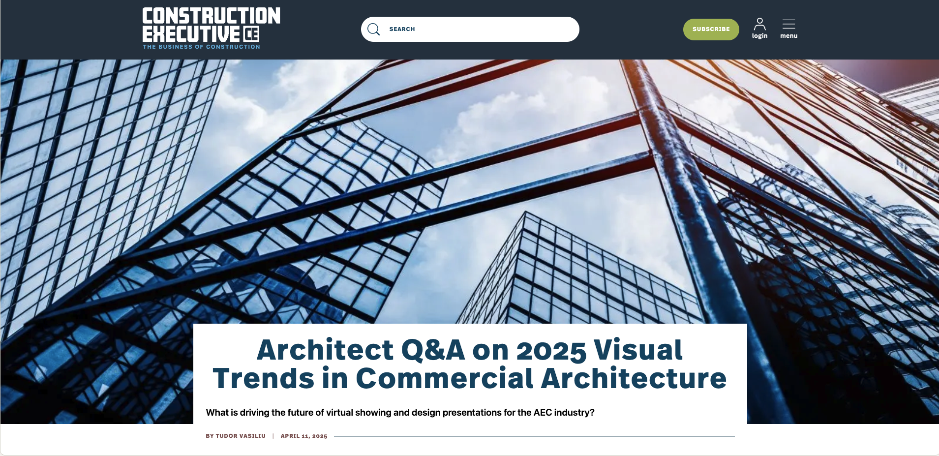 Screenshot of a website titled 'Construction Executive' with a main article headline about architect Q&A on 2025 visual trends in commercial architecture, featuring an image of modern glass skyscrapers reflected in each other.