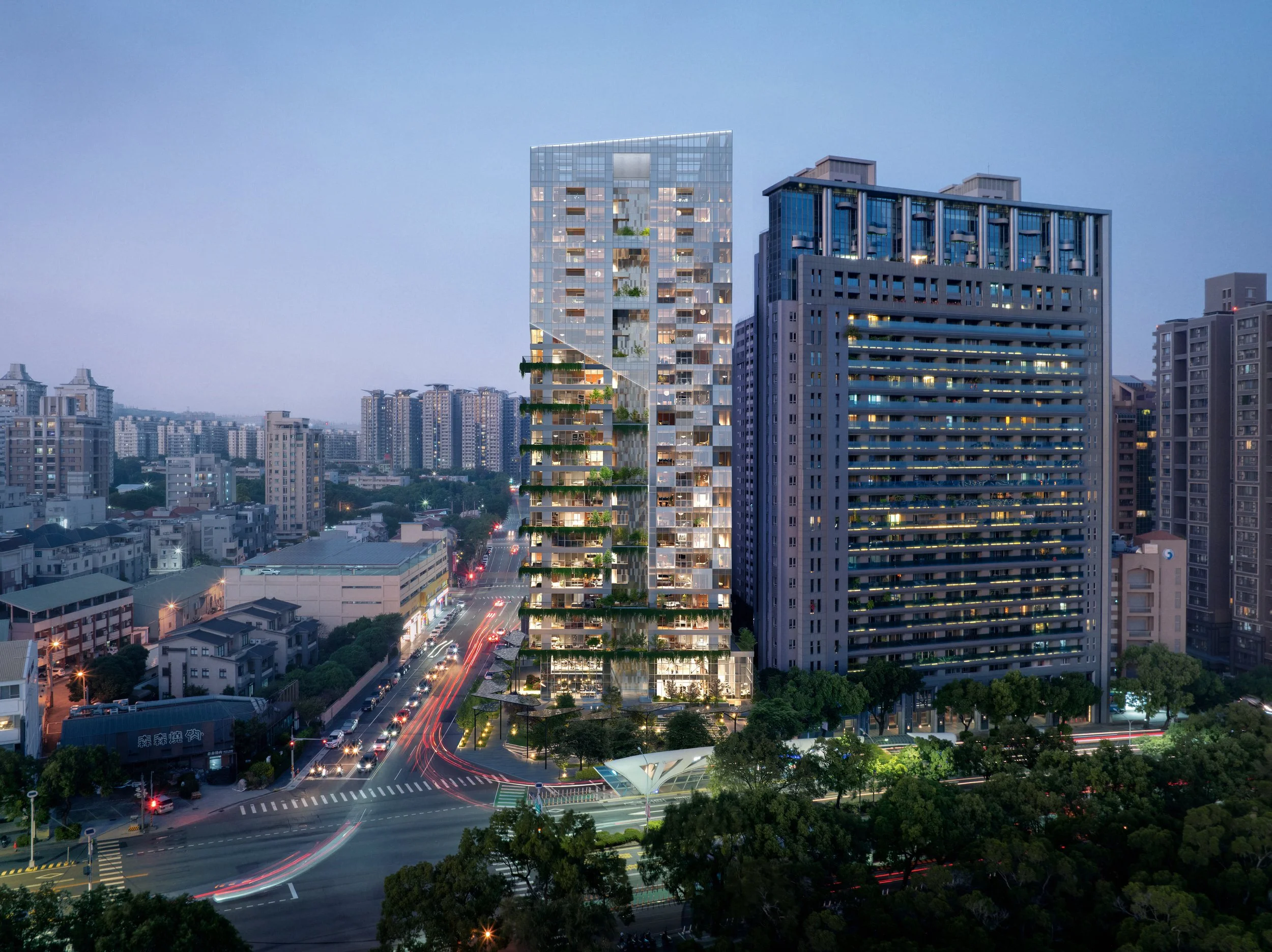 Twilight cityscape with modern high-rise buildings, busy streets with light trails from moving vehicles, and trees in the foreground.