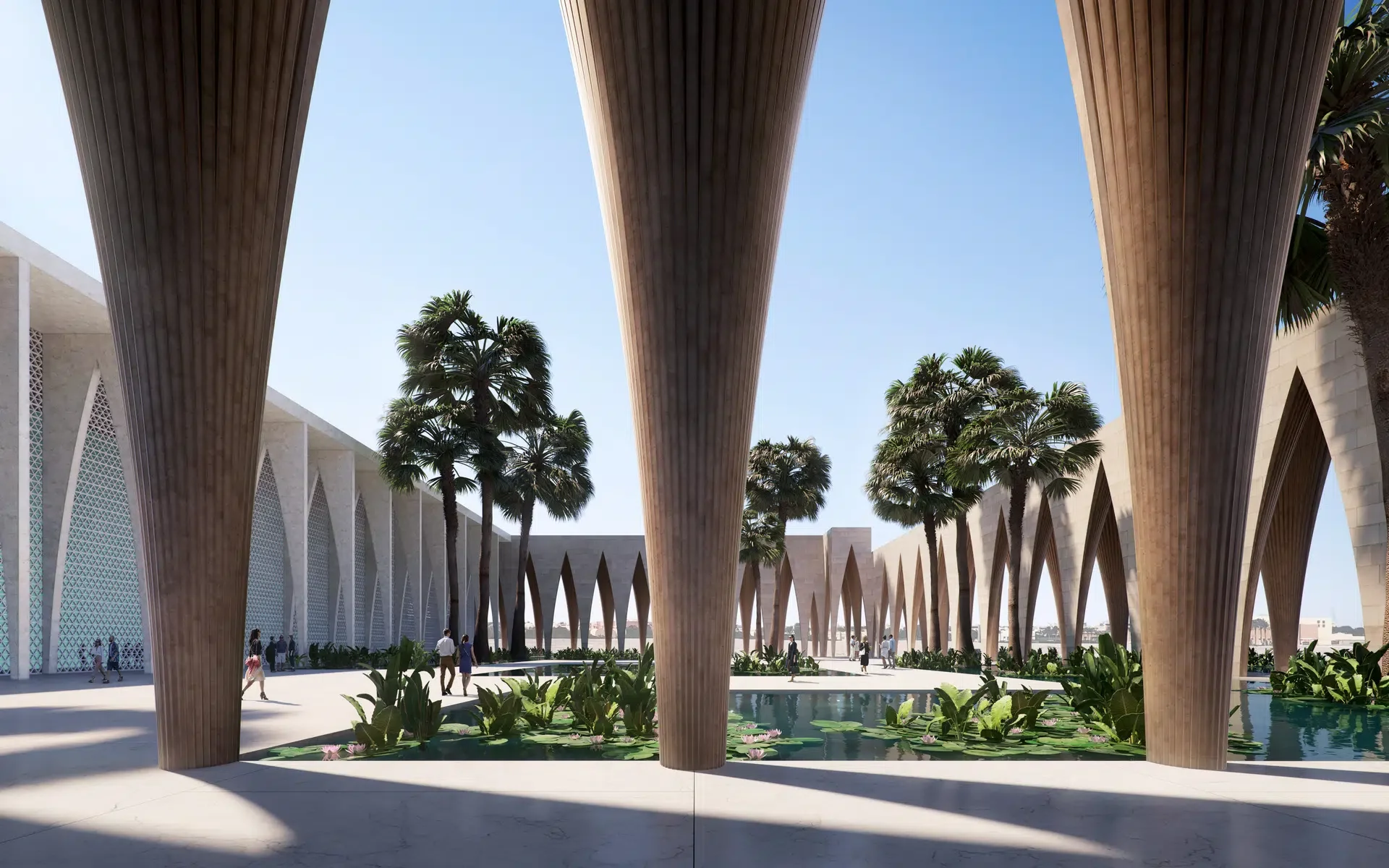 A modern architectural courtyard with tall, curved wooden arches, palm trees, a water fountain with pink water lilies, and people walking around.