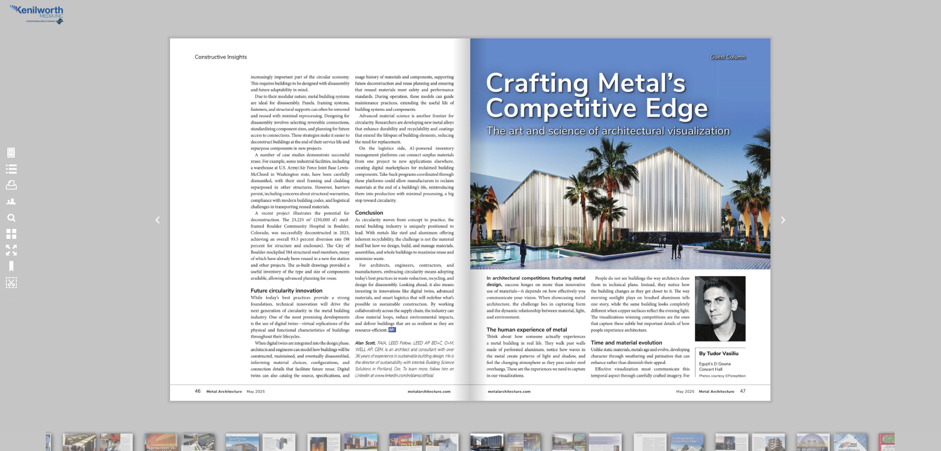 Two-page magazine article titled "Crafting Metal's Competitive Edge" discussing architectural visualization, metal building industry, and sustainability, with images of a modern building and palm trees.
