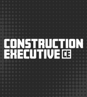 Construction Executive logo with a dark background and dotted pattern.