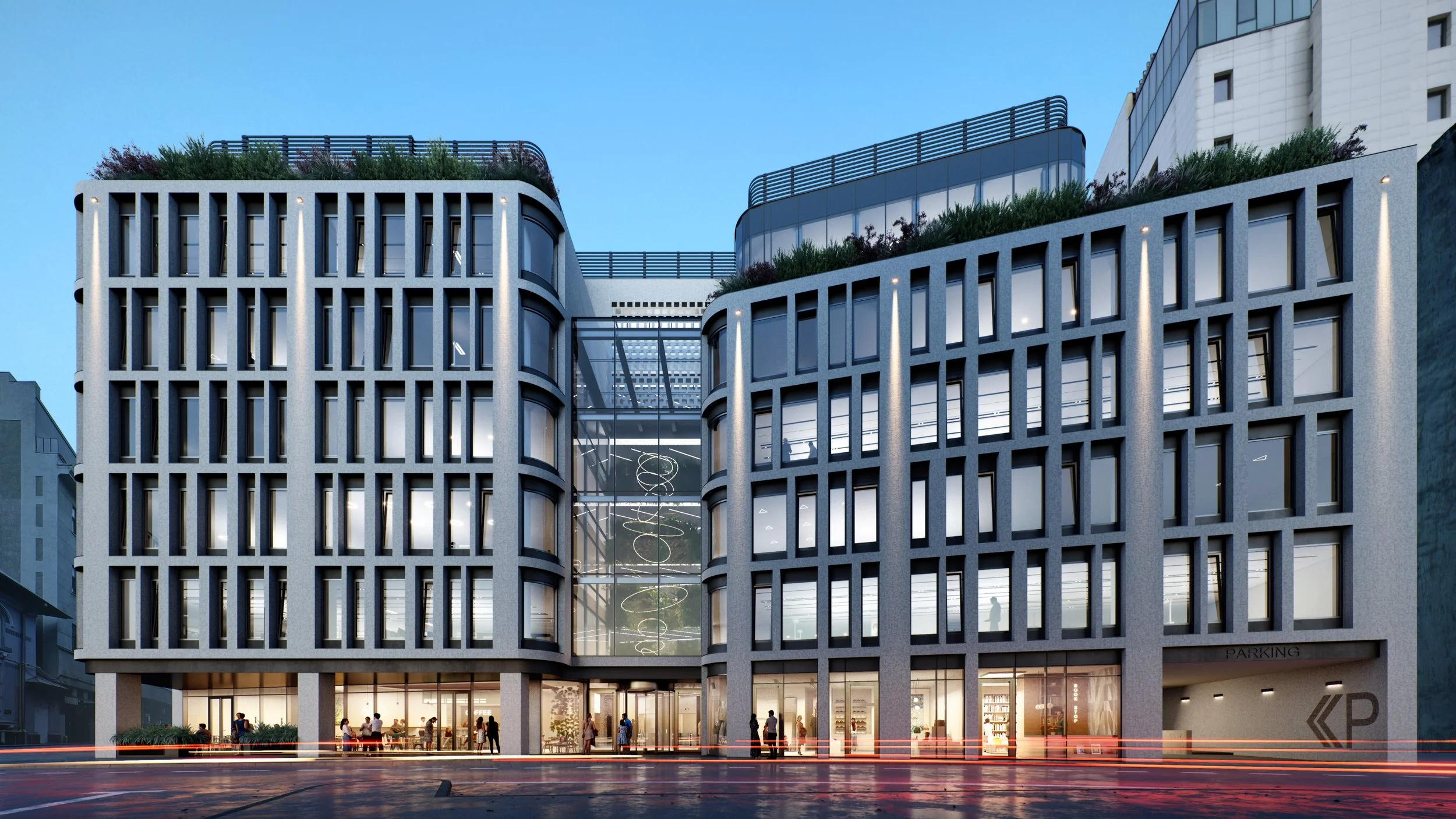 Arghezi 4. A-Class Offices hosted by a modern building with large windows, a central glass walkway, and a commercial space on the ground floor with people inside and outside.