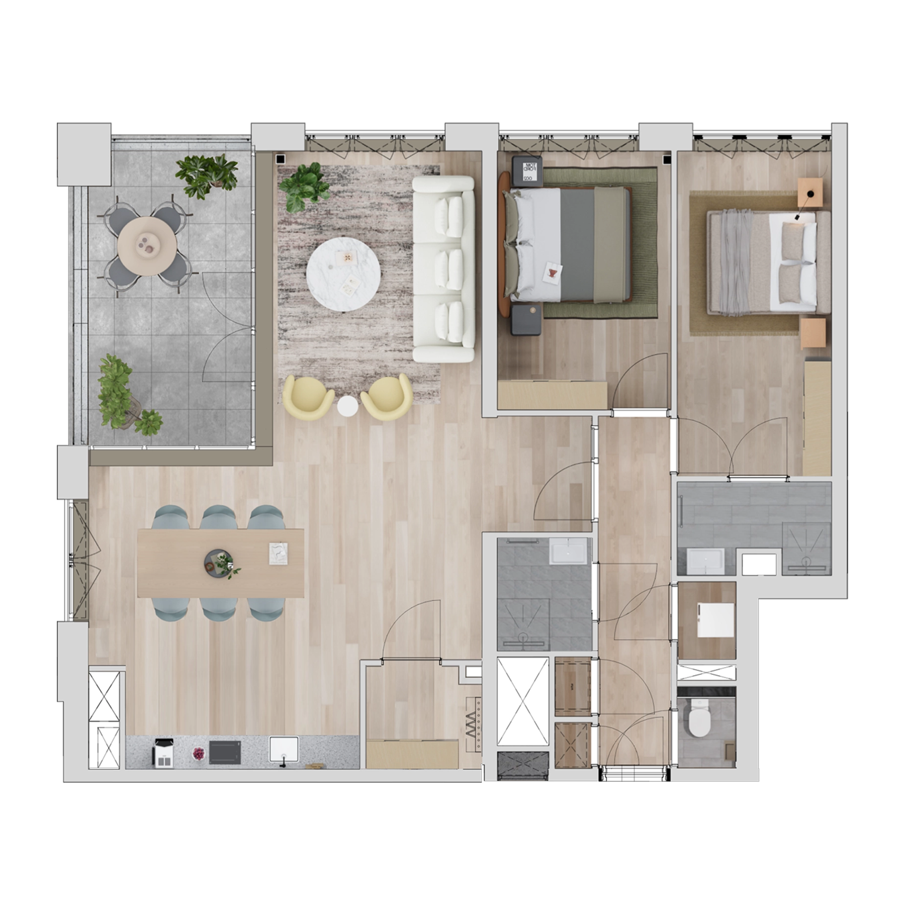 Floor plan of a modern apartment showing a balcony, living room, kitchen, dining area, two bedrooms, bathroom, and laundry room with wooden flooring and contemporary furniture.
