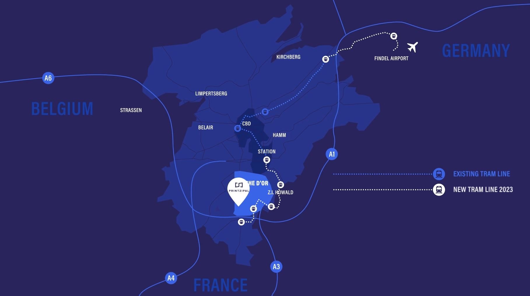 Map of Brussels showing a new tram line planned for 2023, with the line connecting several neighborhoods and landmarks, including the airport and city center, with details on existing tram lines and routes in Belgium, Germany, France, and surrounding areas.