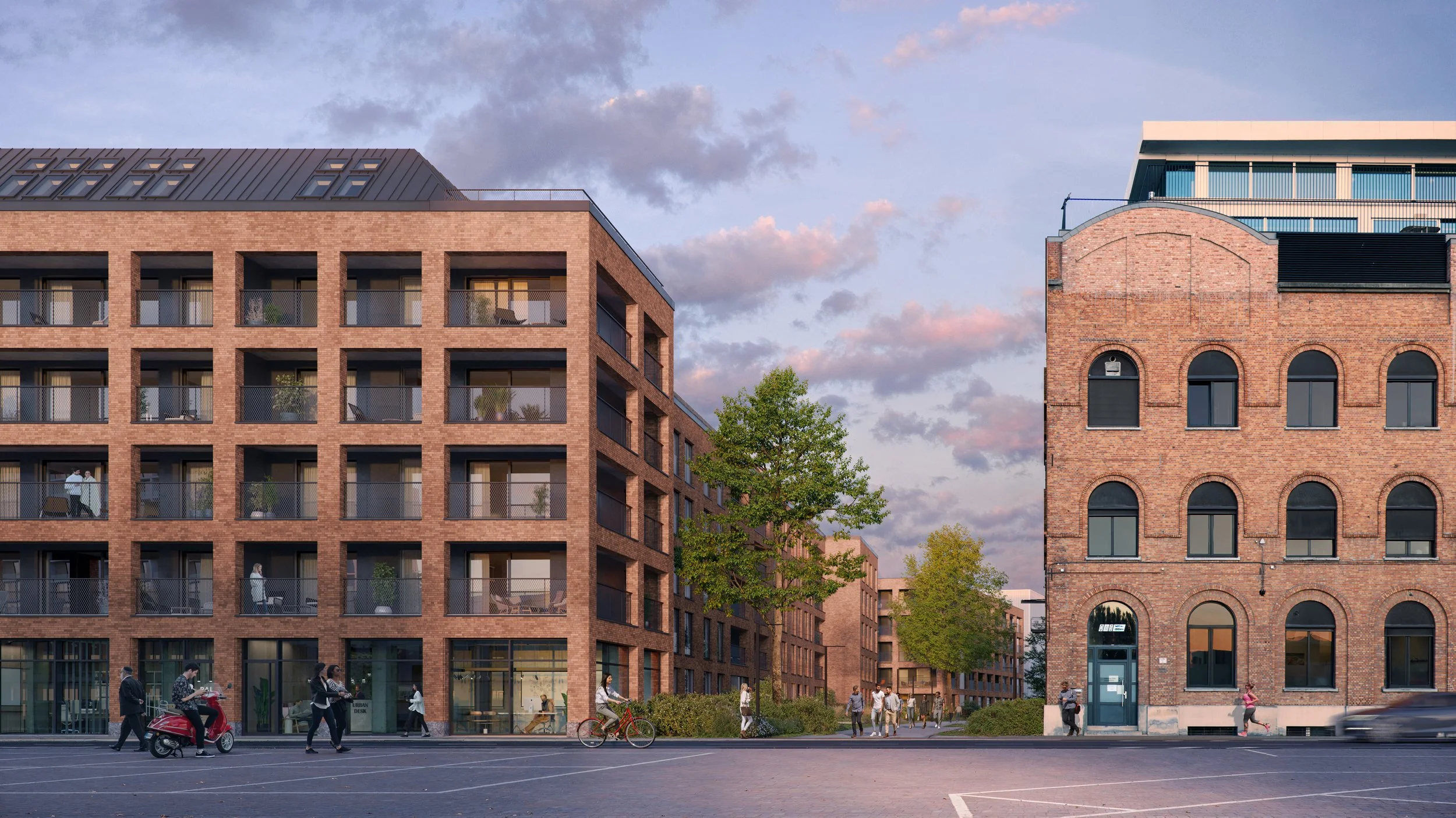 A city street scene at dusk with modern brick apartment buildings, pedestrians, cyclists, and a scooter, under a partly cloudy sky.