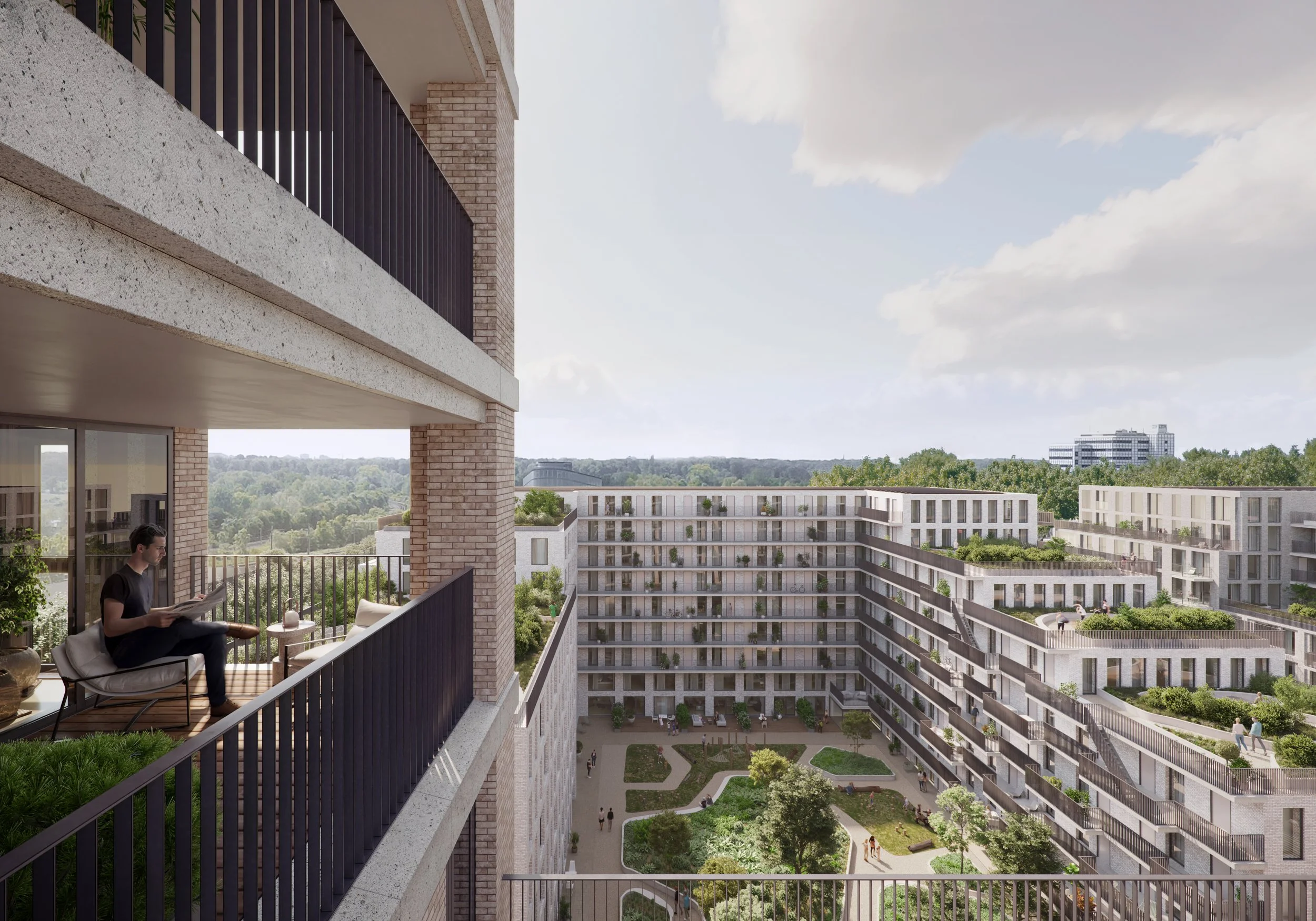 A man sitting on a balcony of a modern apartment building, reading a newspaper. The balcony has black railing and outdoor furniture. The view from the balcony shows a courtyard with green trees, grass, and people walking, surrounded by contemporary apartment buildings under a partly cloudy sky.
