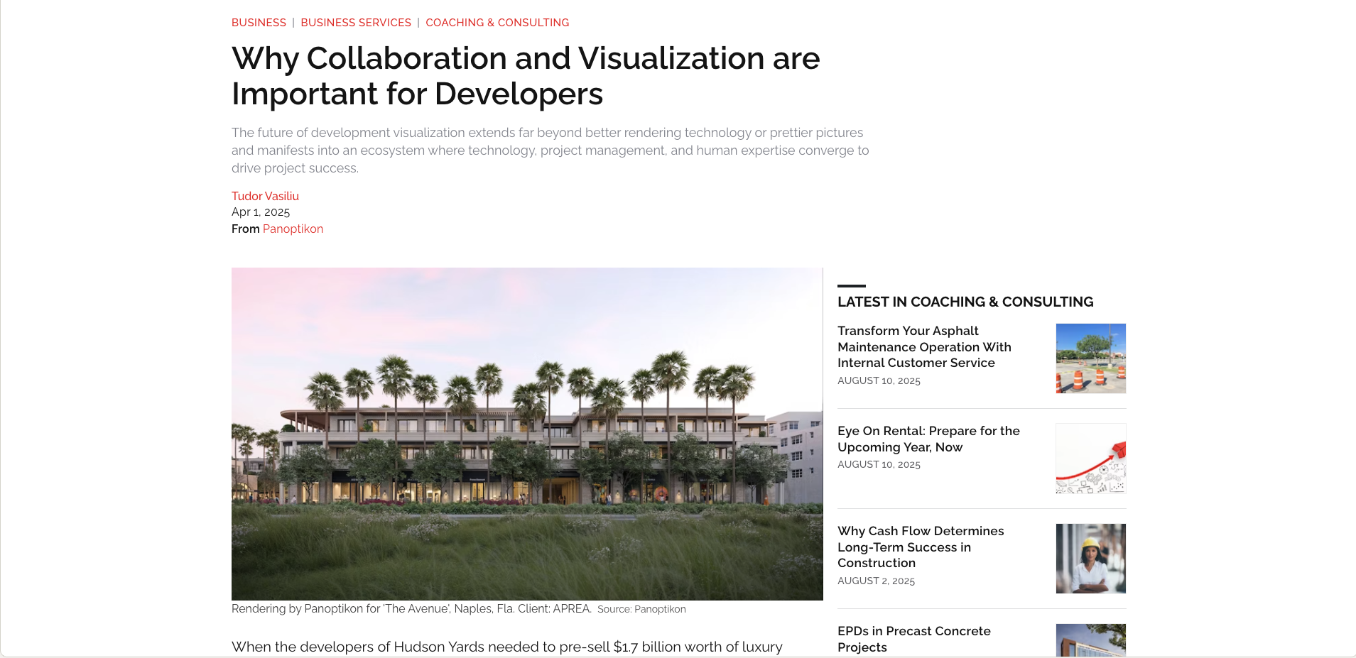 Rendering of a modern building with multiple balconies, surrounded by palm trees and greenery, under a pink and blue sky.