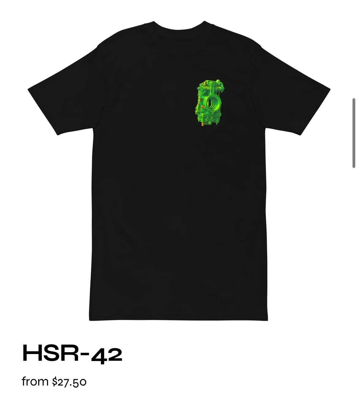 Black T-shirt with a green and yellow machine graphic on the front. Text below indicates the model number HSR-42 and a starting price of $27.50.