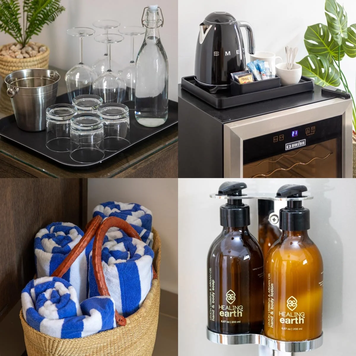 Amenities include drinking water, bar fridge, coffee and tea station, beach towels, and luxurious bathroom products.