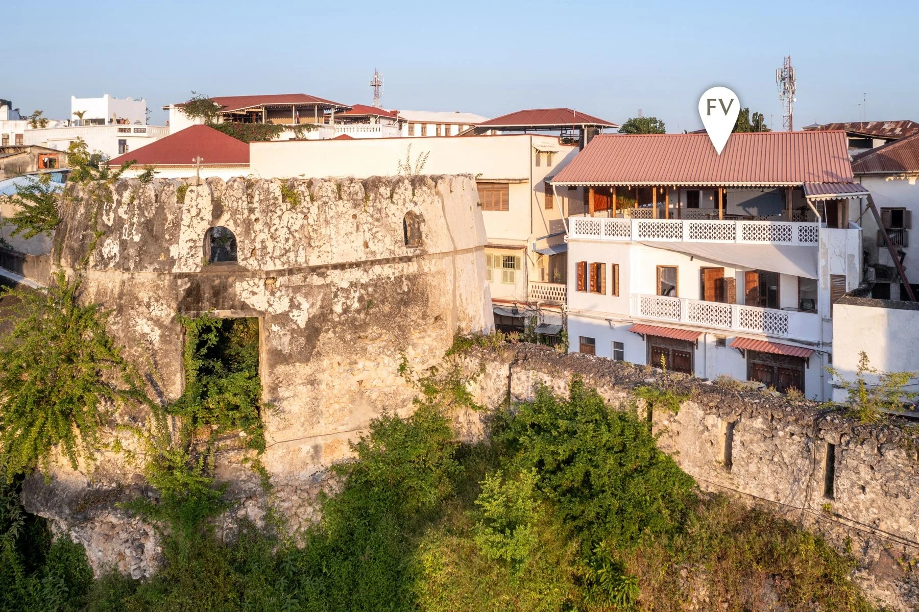Fort View accommodation to the right and the Old Fort to the left. Stone Town, Zanzibar.
