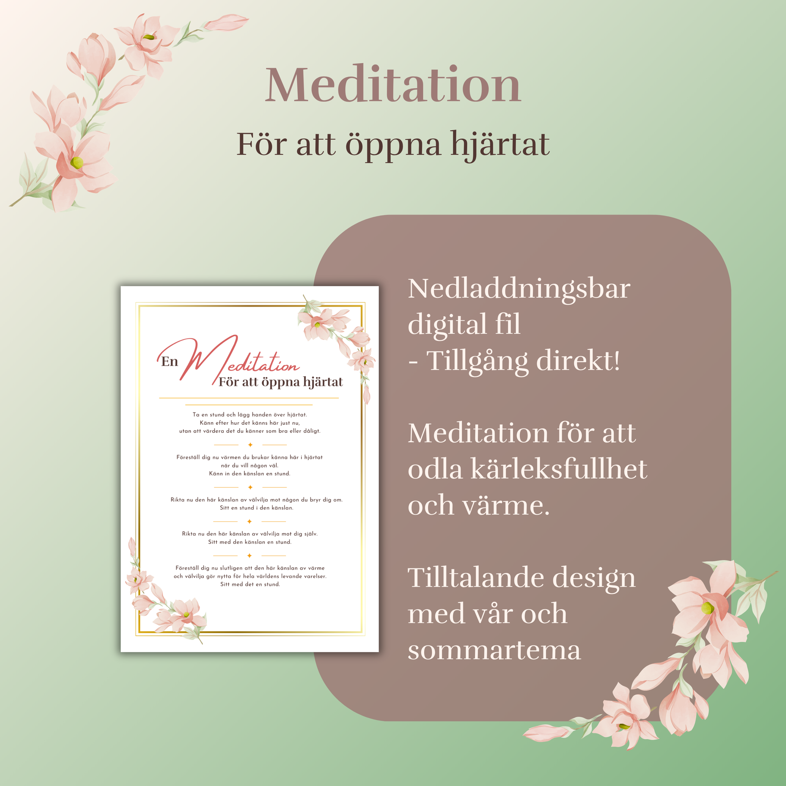 Nedladdningsbar meditationsposter med fokus på att öppna hjärtat. - Vår och sommartema