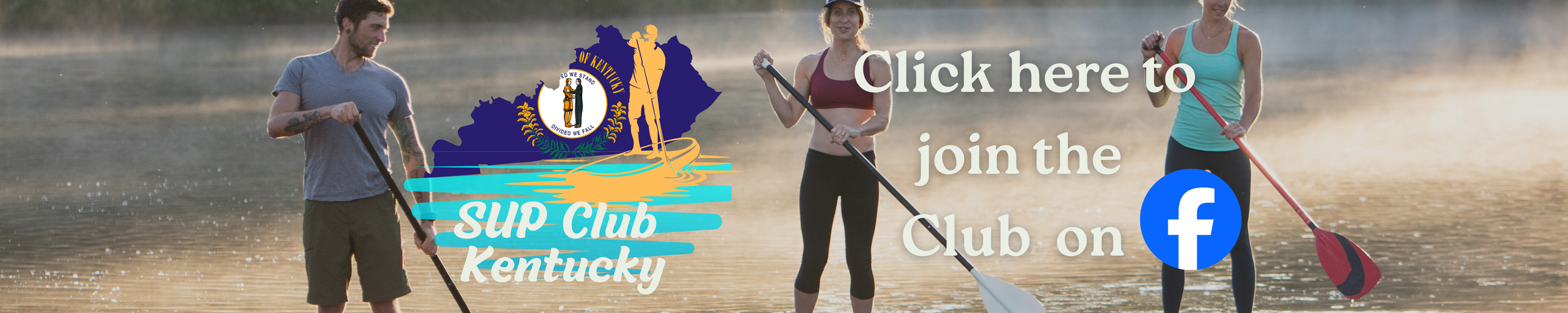 People paddleboarding on a calm lake during sunrise or sunset, with a promotional overlay for the Kentucky SUP Club inviting viewers to join on Facebook.