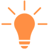 Stylized orange light bulb icon with rays surrounding it.