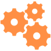 Four interconnected orange gears on a white background.