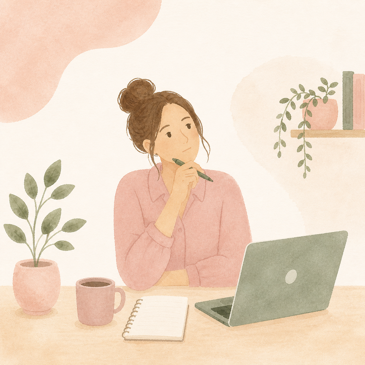 Watercolor illustration of a woman with a bun hairstyle sitting at a desk, holding a pen, with a laptop, notebook, plant, coffee mug, and potted plant in a cozy, minimalist home office.