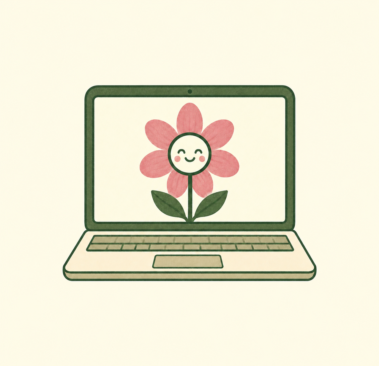 A digital illustration of a laptop with a smiling, cartoon flower on the screen. The flower has pink petals, a happy face, and green leaves, set against a plain, light-colored background.