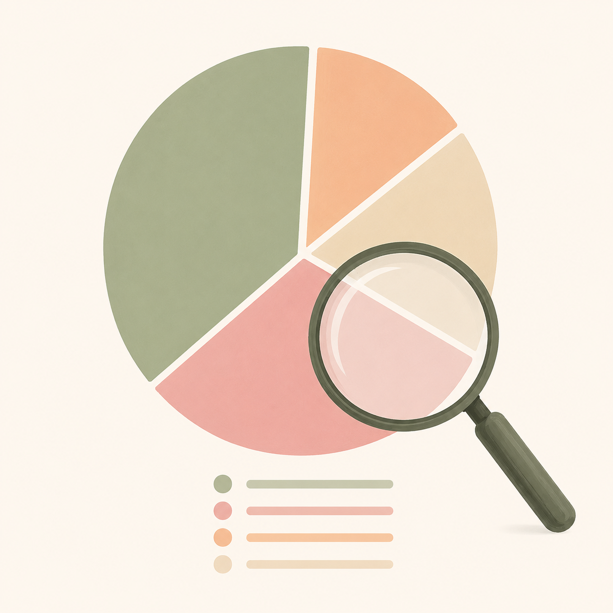 A pie chart with different colored segments and a magnifying glass focusing on the pink segment, along with a color legend below.