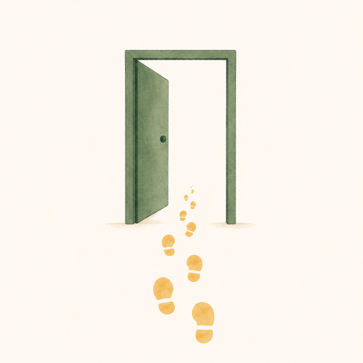 Illustration of a green door slightly open with footprints leading outside.