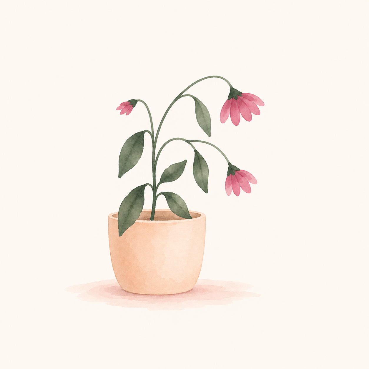 A watercolor painting of a potted pink flowering plant with green leaves in a peach-colored pot