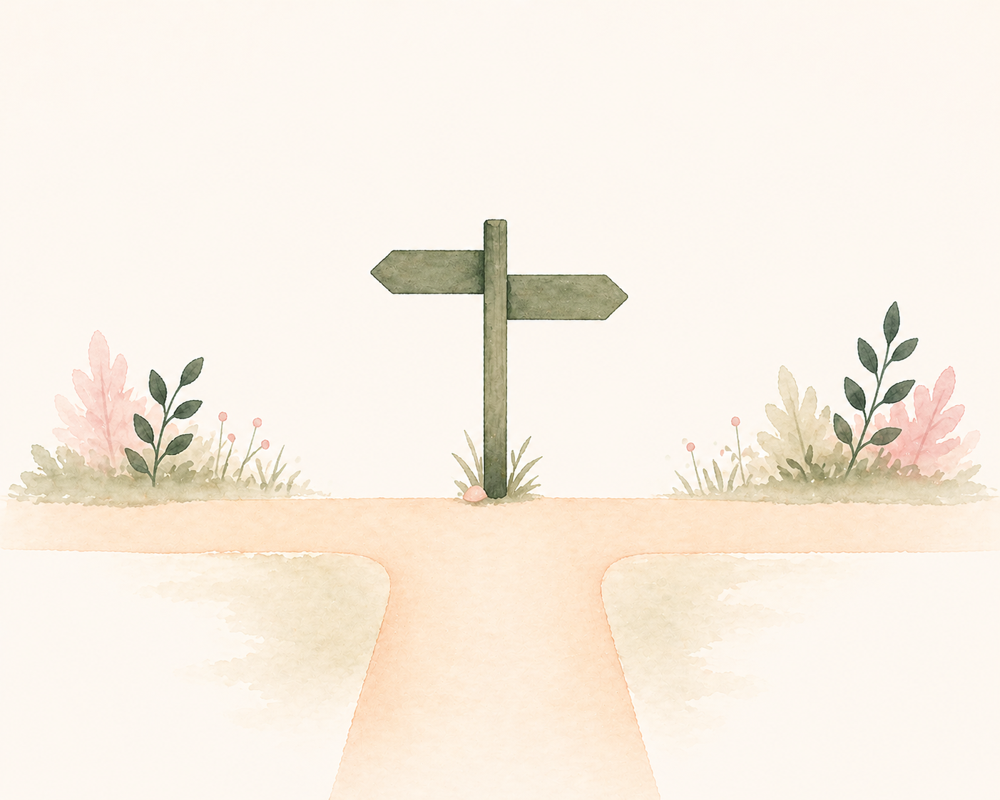 Watercolor illustration of a signpost on a forked dirt path with plants and flowers on both sides.