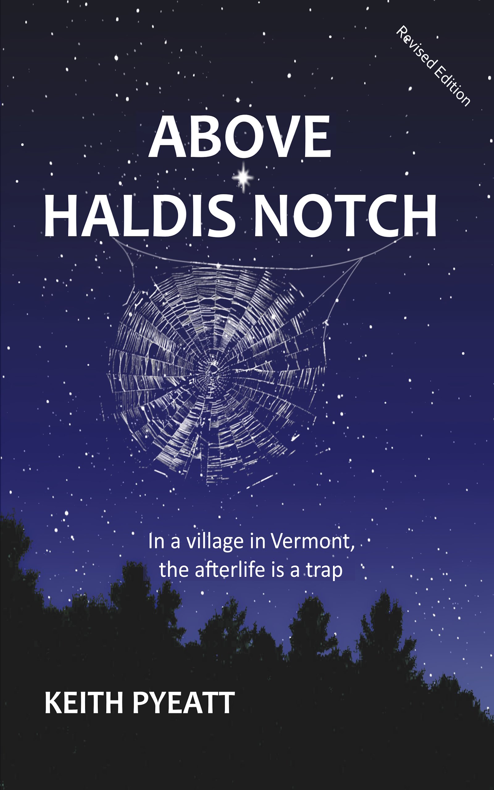 Cover for Above Haldis Notch by Keith Pyeatt. The image of a spider web hangs from the title, with the words "In a village in Vermont, the afterlife is a trap" written below it.
