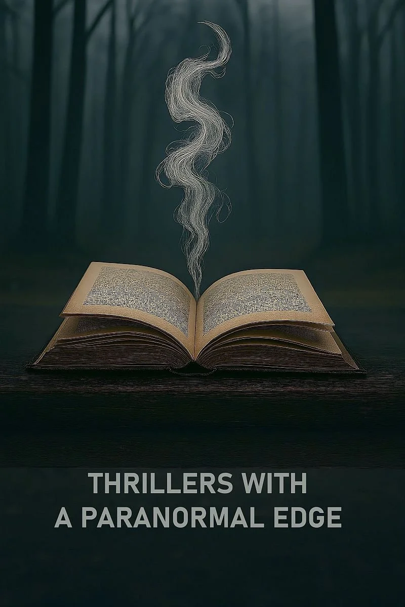 Image of an old book open on a wooden table in dark, foreboding woods. A swirling wisp rises from the book. Caption reads: Thrillers with a Paranormal edge.