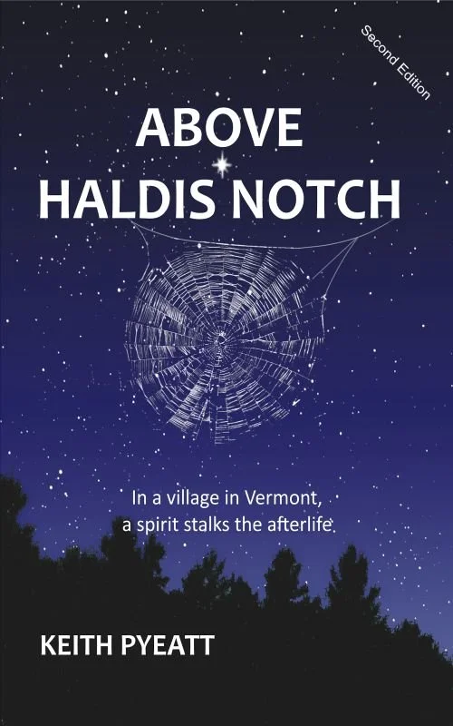 Cover image for Above Haldis Notch by Keith Pyeatt. The cover shows a night time scene with a blue night sky filled with stars. A giant spider web hangs from the title.