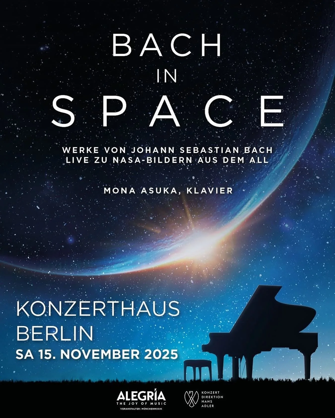 Galaxies, star clouds, black-hole shadows&mdash;real NASA images fill the big screen while Mona Asuka performs Bach live. The music shifts from forceful to feather-light, always classic. BACH IN SPACE: concert &times; cinema &times; cosmos.

📍 Konze