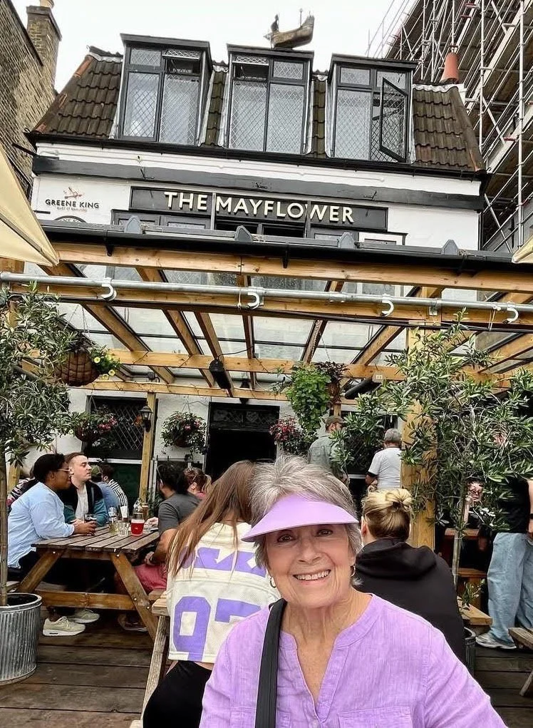 Sally at the Mayflower Pub in London, one of the many stops in her research for Filled with Fortitude.