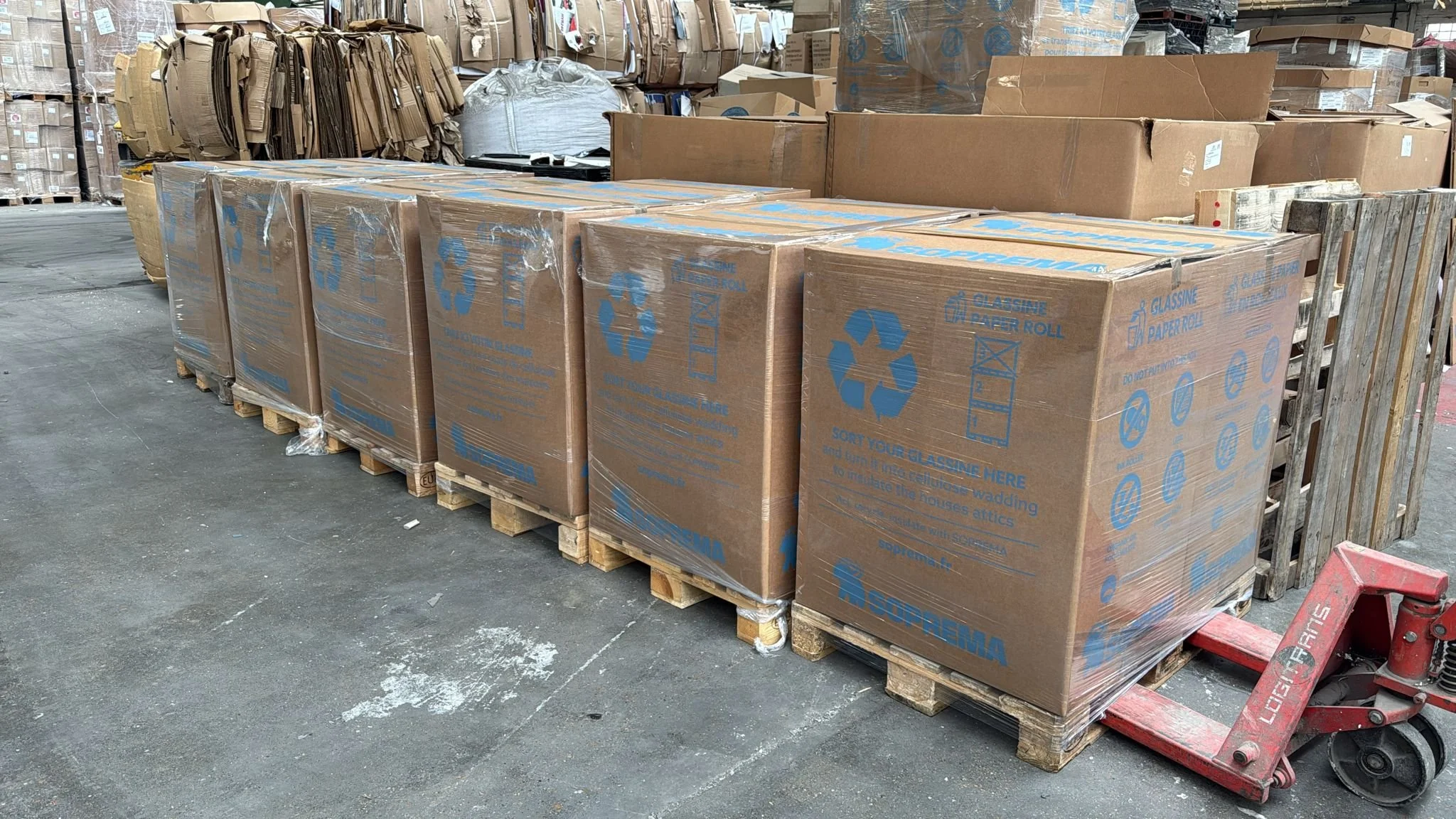 Six Soprema Glassine boxes safely stacked and prepared in situ at the Regenthill recycling centre in Andover
