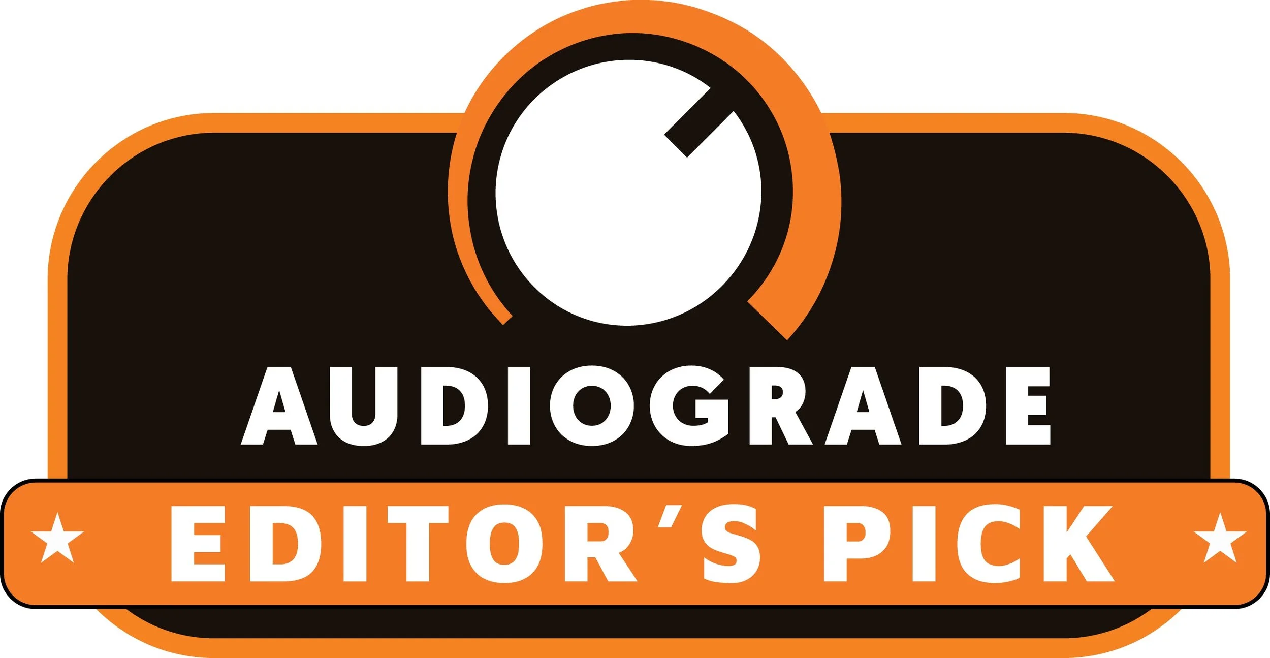 Logo for Audiogade, an audio company, with the text 'Audiogade Editor's Pick' in white on an orange banner, featuring black and orange colors and star accents.