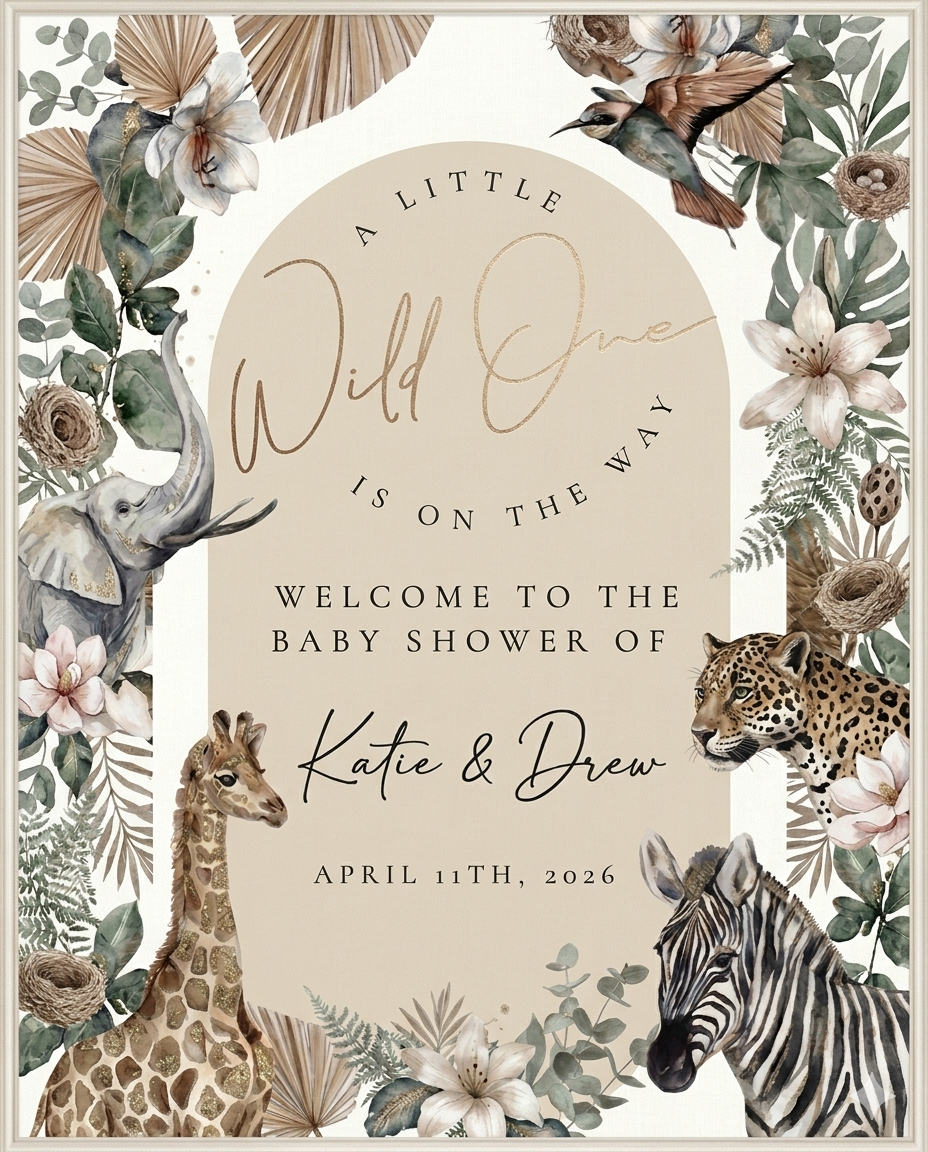 Elegant jungle-themed baby shower invitation with illustrations of elephant, giraffe, zebra, leopard, hummingbird, and various flowers and greenery, featuring the text 'A little wild one is on the way, welcome to the baby shower of Katie & Drew, Apri
