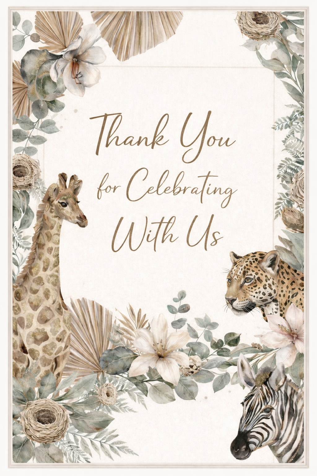 Thank you card with a jungle theme featuring a giraffe, a leopard, and a zebra surrounded by tropical leaves and flowers.