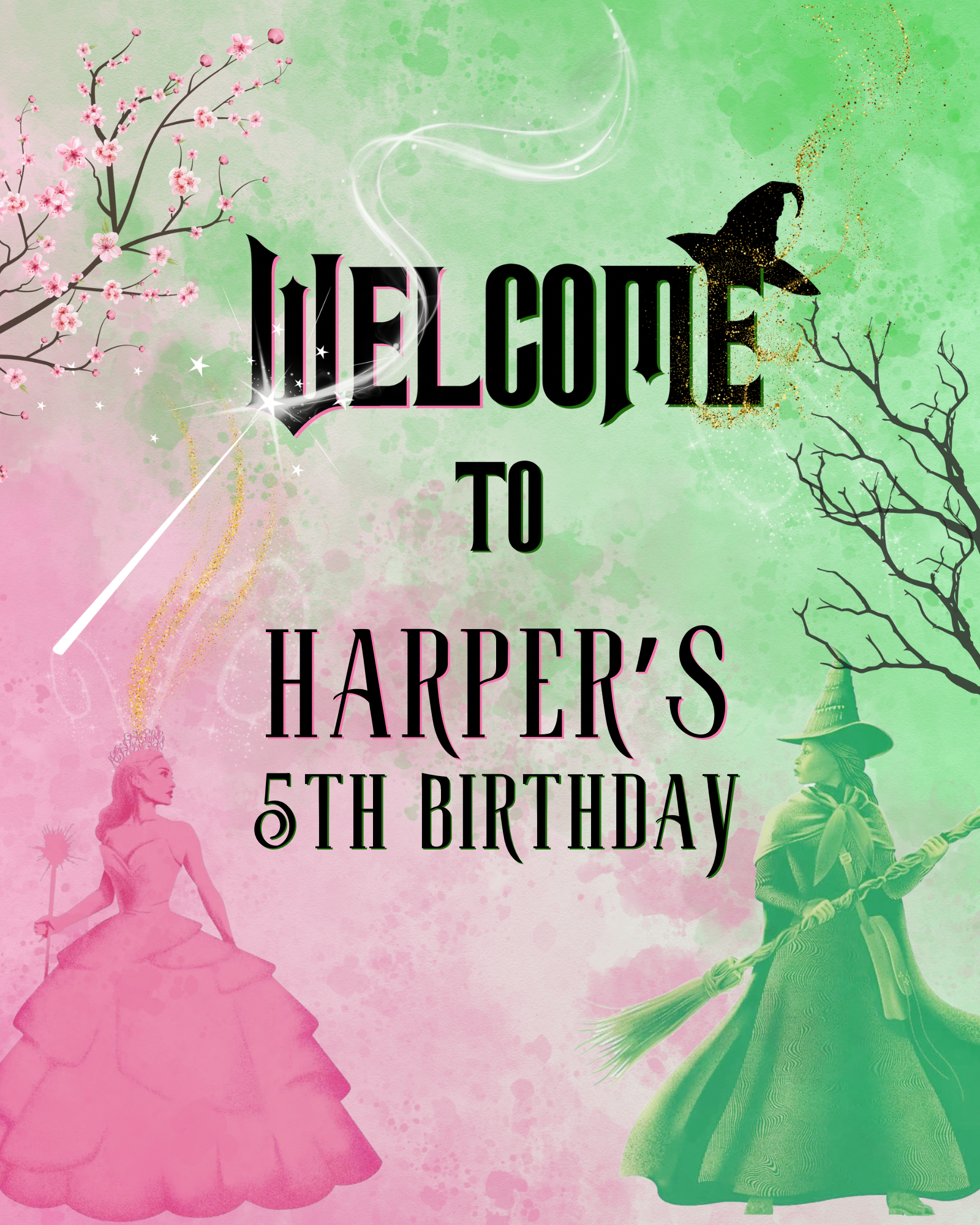 Colorful birthday party invitation with pink and green watercolor background, featuring illustrations of a fairy princess in pink dress, a witch in green, and a tree and cherry blossom branches. The text reads "Welcome to Harper's 5th Birthday."
