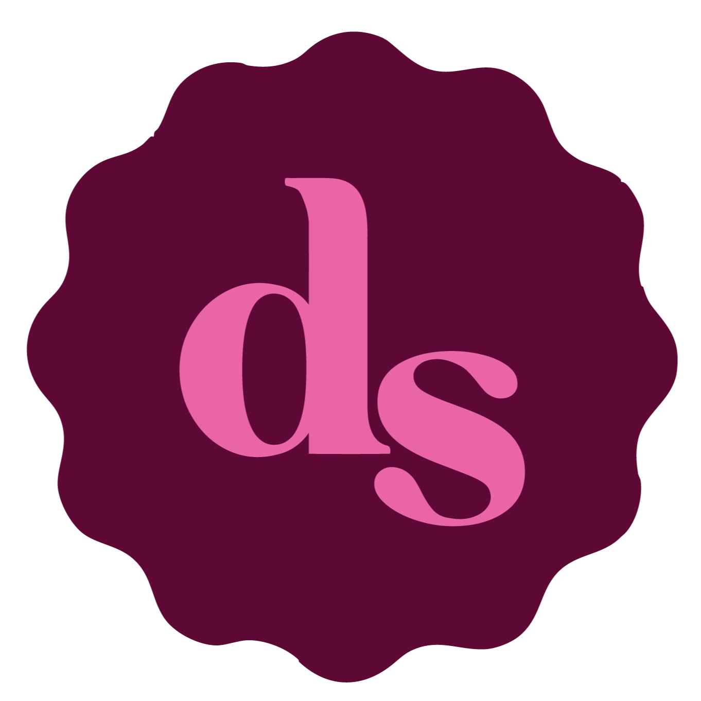 Pink lowercase letters 'd' and 's' on a dark purple, irregularly shaped background.