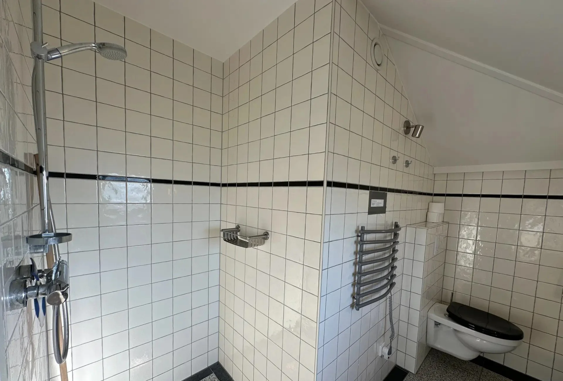 Een badkamer met witte tegelwanden met zwarte voegen en een zwarte rand, een douchekop, een rek voor zeep en shampoo, een handdoekradiator, een toilet met een zwarte zitting, en een toiletrol in een nis.