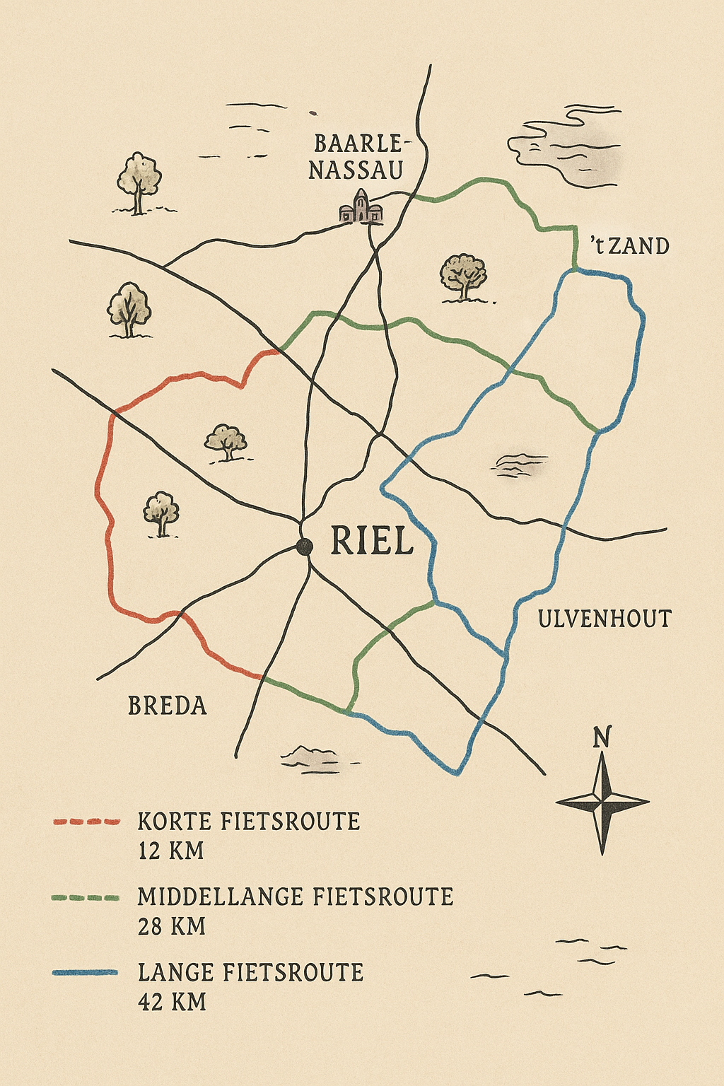 Een kaart van Riel met fietsroutekaarten in rood, groen en blauw, aangegeven als korte, middellange en lange fietsroutes van respectievelijk 12 km, 28 km en 42 km.