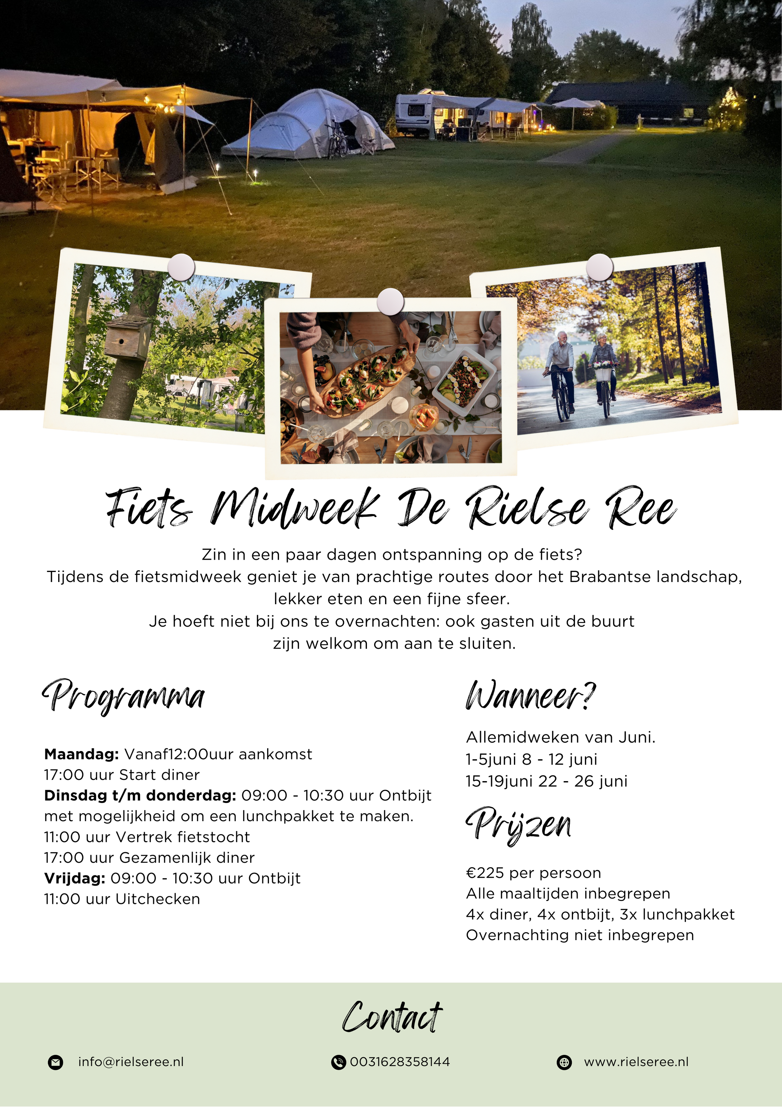 Promotieposter voor de fietsmidweek De Rielse Ree met foto's van een bos, een groepsdiner, en mensen die fietsen, en tekst met informatie over het programma, data, prijzen en contactgegevens.