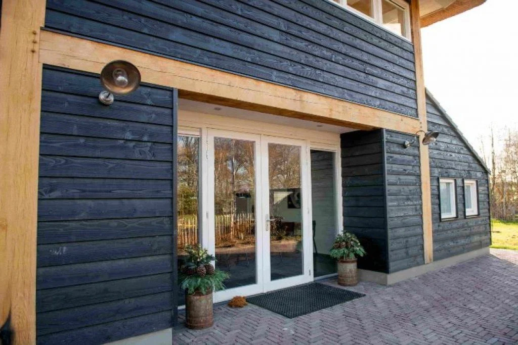 De voorkant van een moderne woning met zwarte houten gevel bekleding, witte voordeur met glazen panelen, en twee plantenbakken met groen bij de ingang.