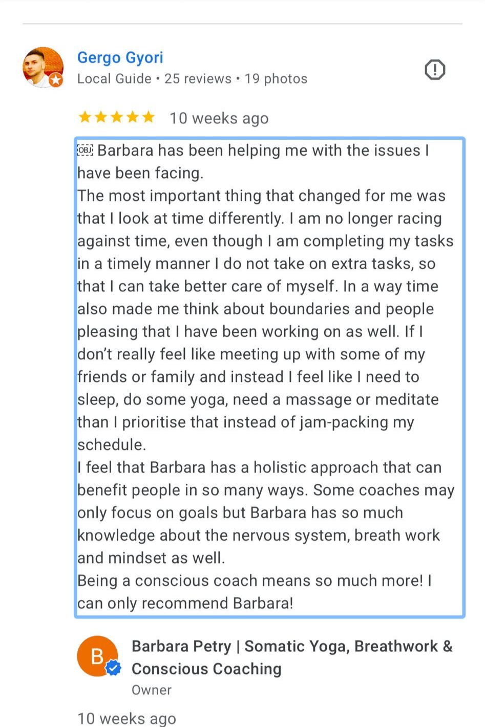 Screenshot of a review on a coaching service by Gergo Gyori praising Barbara Petry's holistic approach to coaching, emphasizing her knowledge in nervous system, breath work, and mindset.
