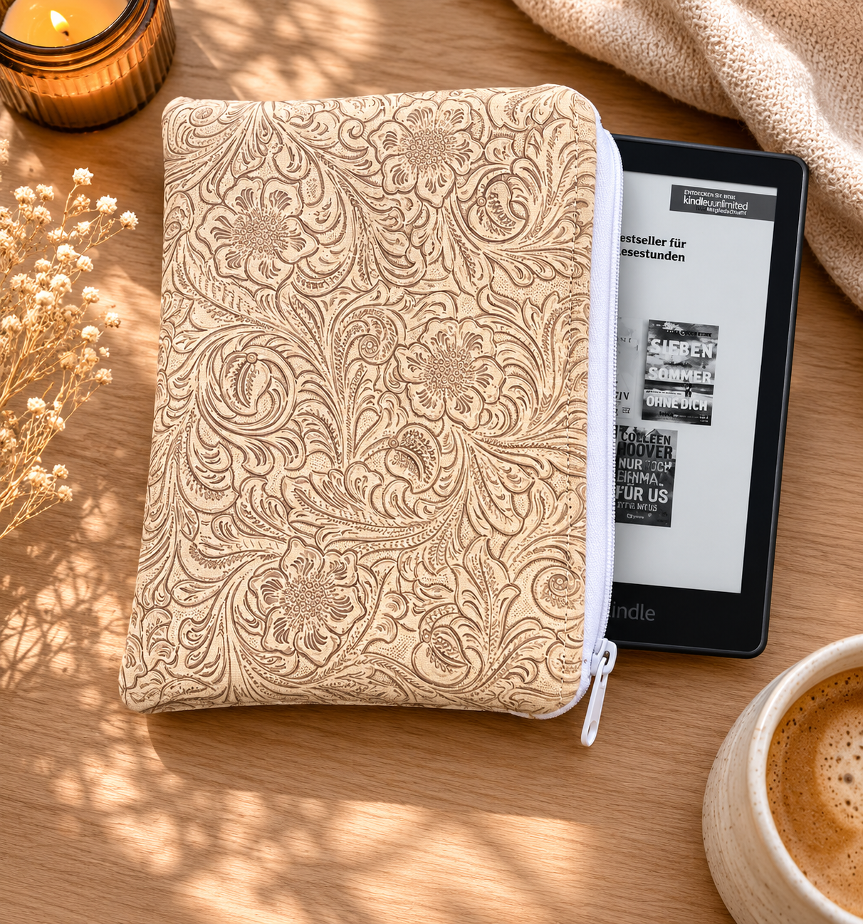 Handcrafted Floral Faux Leather Kindle Sleeve