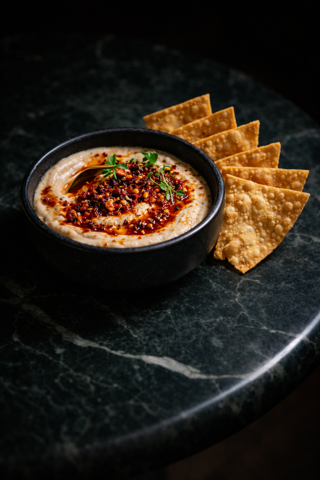 A black bowl of creamy hummus topped with red pepper flakes and fresh herbs, served with crispy pita chips arranged beside it on a dark marble surface.
